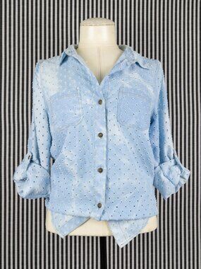 PPLA light sky blue eyelet cotton blend hand dye button up long shirt tunic